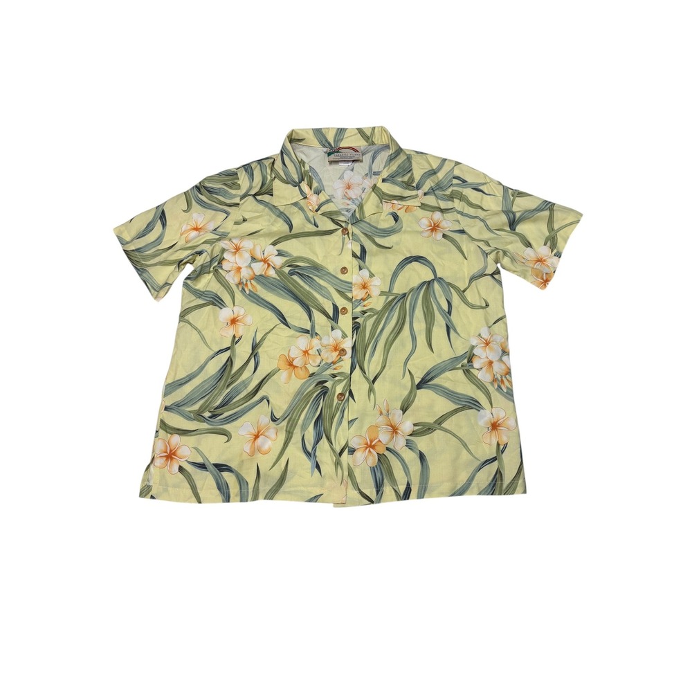 Vintage Paradise Found Plumeria Floral Rayon Hawaiian Shirt Womens L Made Hawaii
